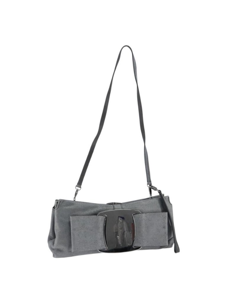 Authentic Salvatore Ferragamo Vala Shoulder Bag Suede Gray Silver